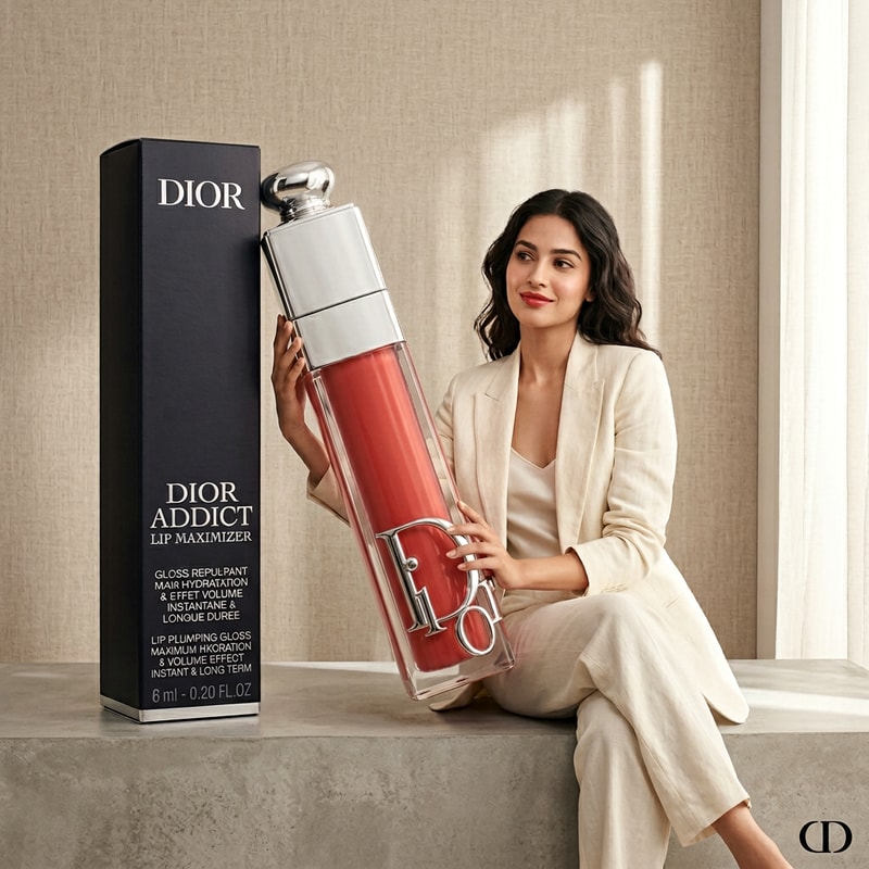 Premium fashion-style advertisement, Indian fair skin tone model sitting casually with oversized Dior lip gloss prop, neutral beige background, minimal luxury styling, soft natural lighting, playful yet high-end composition, editorial beauty campaign feel
IMPORTANT: Dior lip gloss design must remain unchanged, logo and text clearly visible, no distortion in packaging details.