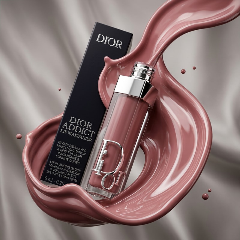 Dior lip gloss with gloss texture splashing outward in smooth fluid motion, creamy shiny consistency, macro detail, soft lighting, high-end cosmetic ad, pink glossy tones
IMPORTANT: Keep product packaging unchanged and realistic.