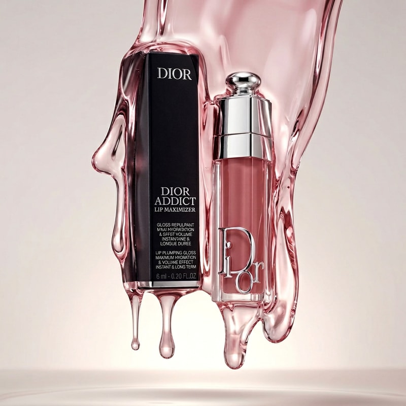Luxury Dior lip gloss suspended mid-air with thick glossy liquid glass dripping around it, transparent pink gel texture, ultra reflective surface, soft studio lighting, minimal background, high-end beauty campaign, macro shot, cinematic glow

IMPORTANT: Keep Dior packaging EXACT, do not change logo, text, font, shape, or color.