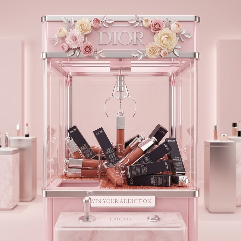Luxury pink aesthetic claw machine filled with Dior lip gloss products, soft pastel pink environment, glossy plastic textures, floral decorative elements on top, minimal futuristic retail display concept, cinematic lighting, clean premium composition

IMPORTANT: All Dior lip gloss products must remain identical to original packaging, no changes in color, text, or branding.