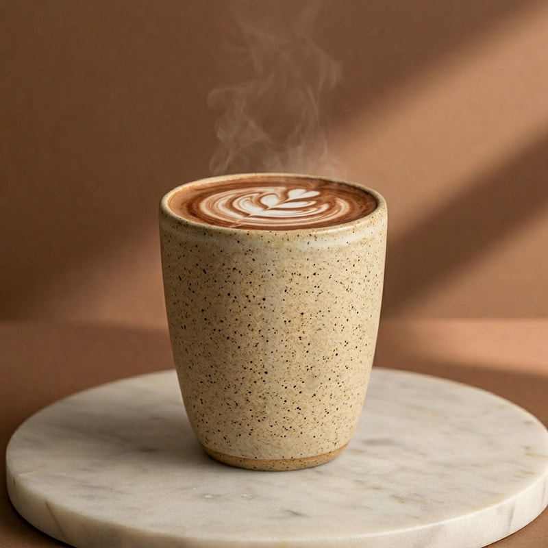 Premium product photo of a ceramic cup filled with hot moccachino, rich chocolate-brown surface with a light swirl of milk foam, captured from a clean front view. The cup stands against a solid brown studio box background with a soft diagonal shadow stripe on the wall. Diffuse lighting highlights the velvety textures, the deep mocha tones, and the natural ceramic finish. Minimal, editorial, and refined lifestyle aesthetic.”