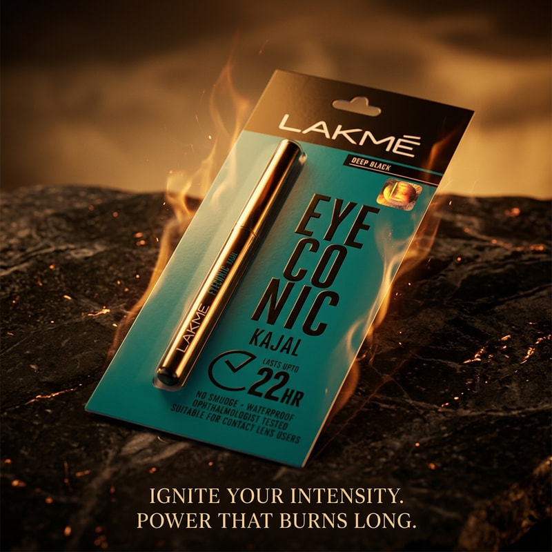 Fire & Intensity

“Create a bold luxury advertisement of Lakmé Iconic Kajal with subtle flame-like lighting effects around it.
Warm tones, glowing highlights, dramatic shadows.
Represents intensity and long-lasting power.
Cinematic, high contrast, premium brand campaign style.