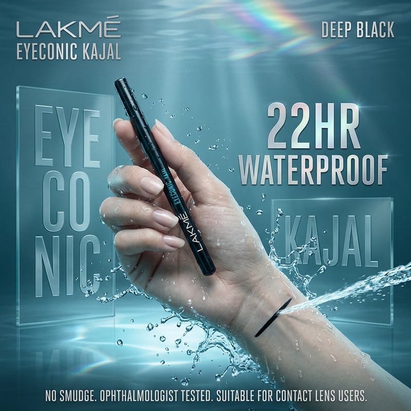 Waterproof Concept

“Create a luxury ad showing Lakmé Iconic Kajal under water splashes.
Crystal clear water droplets and motion frozen mid-air.
Cool-toned lighting, fresh and clean aesthetic, focus on waterproof feature.
Hyper-realistic, cinematic lighting, premium skincare-commercial style.”

black colour kajal