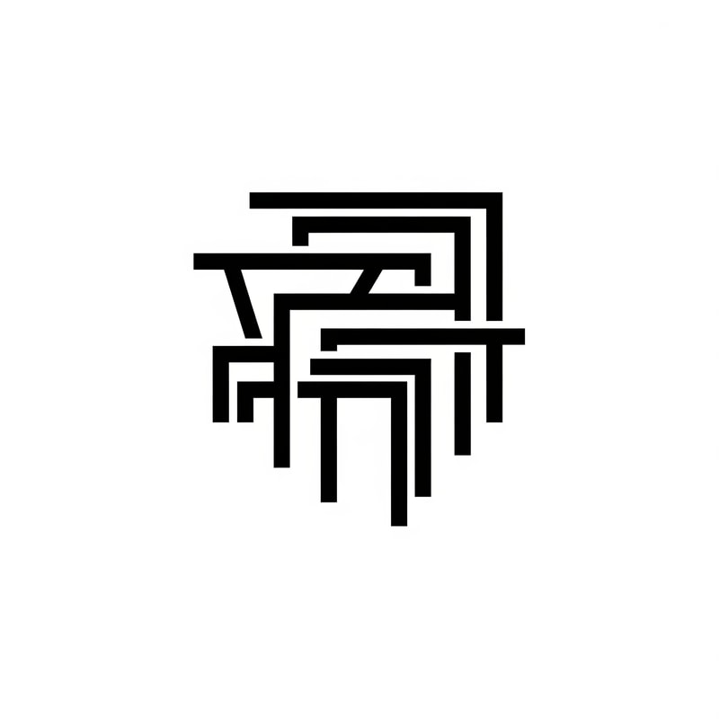 A high-contrast, black and white monochrome version of a modern, abstract furniture logo. Clean, bold lines, minimalist aesthetic. No gradients, just sharp vector lines. Design should be legible at small sizes for packaging and print applications. Reference the style of the previous blue and green concepts but simplified for a single color format.