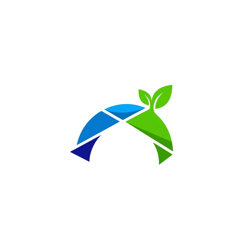 A minimalist logo mark representing growth and education. A stylized, abstract arc or leaf shape that incorporates sharp, modern furniture angles. Vibrant blue and green palette with high contrast. Clean, iconic silhouette that works well as a standalone social profile icon. White background, vector style, flat design.