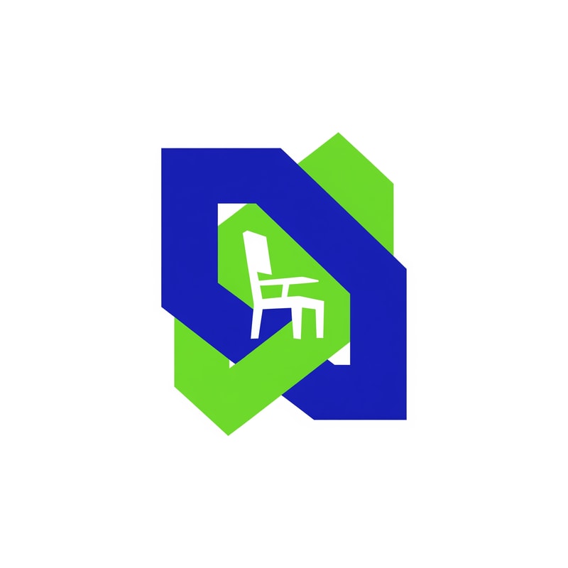 A bold, abstract logo concept that uses negative space to hint at the silhouette of a school chair. Sharp geometry, heavy use of vibrant blue and green color blocking. Minimalist and memorable. High contrast, vector aesthetic, clean white background, suitable for packaging and print.
