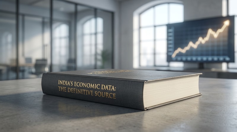 A high-end, cinematic product shot of a premium book resting on a sleek, minimalist desk in a bright, modern office. The lighting is crisp and professional, highlighting the book's textured cover and sophisticated typography, symbolizing it as the definitive, authoritative source for Indian economic data. The background features a subtle, out-of-focus chart showing rising economic growth, conveying a sense of accuracy and comprehensive knowledge.