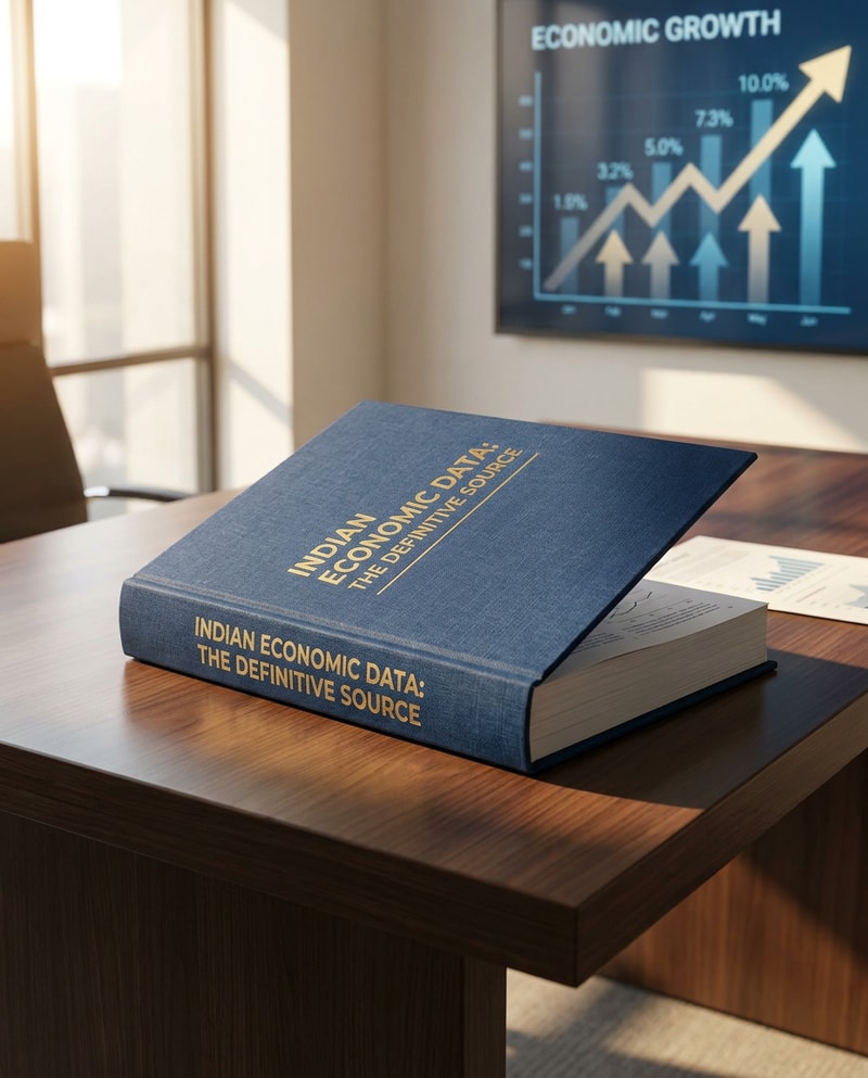 A high-end, cinematic product shot of a premium book resting on a sleek, minimalist desk in a bright, modern office. The lighting is crisp and professional, highlighting the book's textured cover and sophisticated typography, symbolizing it as the definitive, authoritative source for Indian economic data. The background features a subtle, out-of-focus chart showing rising economic growth, conveying a sense of accuracy and comprehensive knowledge.