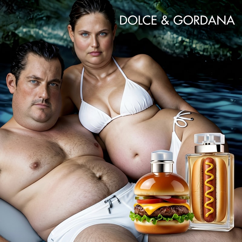 en esta imagen haz que la cara de la chica sea gorda y las colonias de abajo cambialas a que una sea una hamburguesa y otra un perrito caliente con forma de la colonia y no cambies nada mas