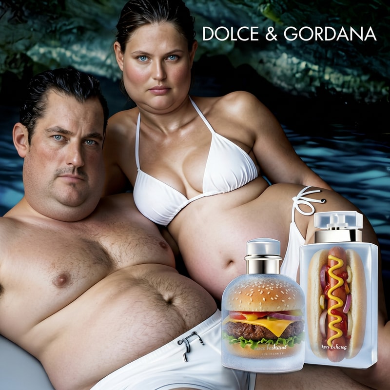 en esta imagen haz que la cara de la chica sea gorda y las colonias de abajo cambialas a que una sea una hamburguesa y otra un perrito caliente con forma de la colonia y no cambies nada mas