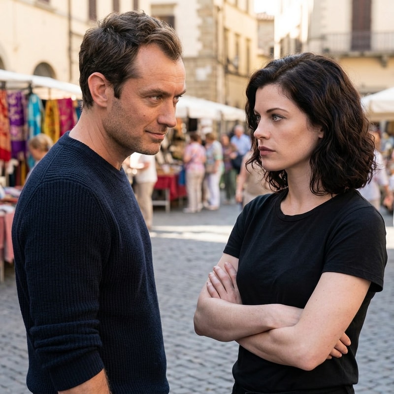 Make both characters stare at each other. The man should look modern, with a jumper and looks at her with a smirk. She is serious and has her arms crossed over her chest.