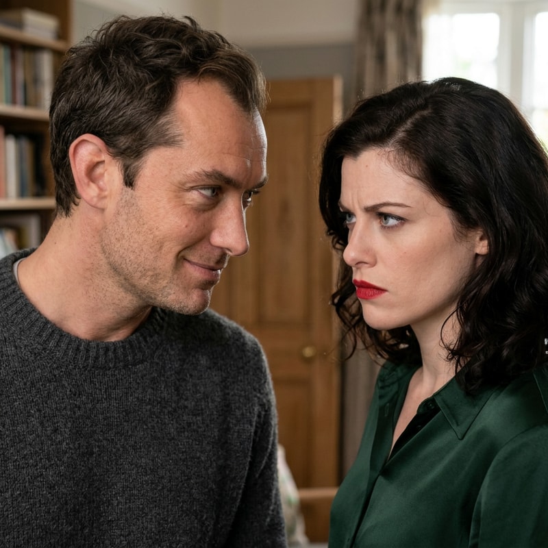 Make both characters stare at each other. The man should look modern, with a jumper and looks at her with a smirk. She is serious, kind of upset with his smile.