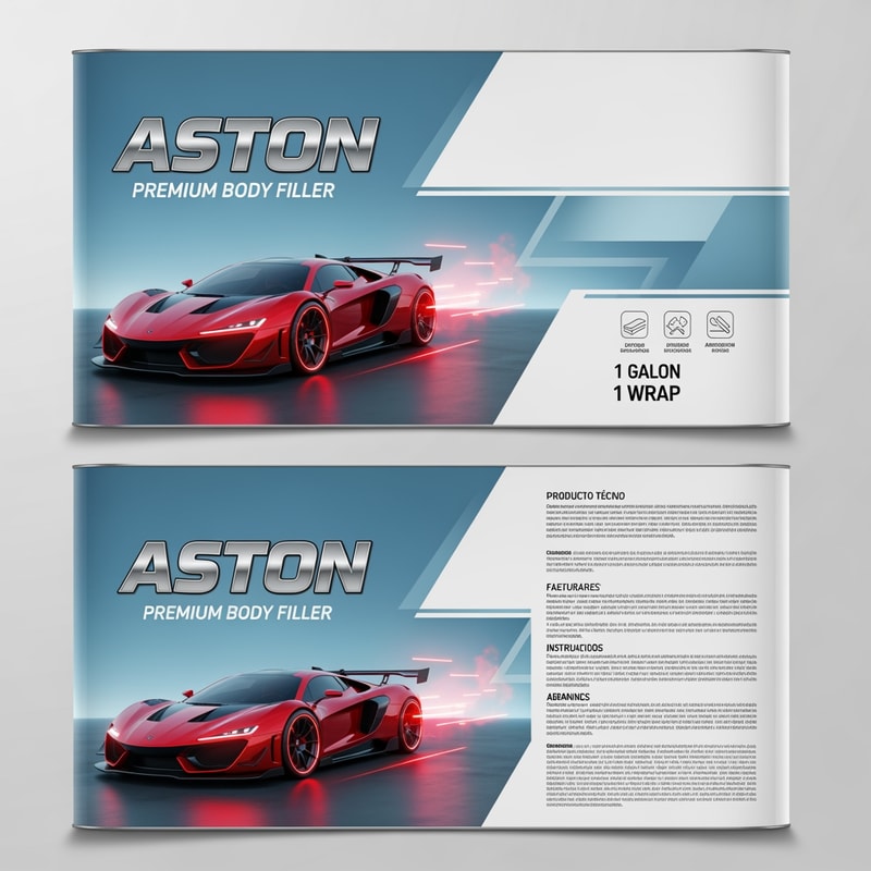 full wrap label design for 1 gallon automotive body filler can, premium racing style, front section with big bold metallic text "ASTON", small text "Premium Body Filler", futuristic hypercar in red and black with glowing red accents, aggressive design, glossy reflections, dynamic lighting, background light blue to white gradient, clean but energetic, subtle motion lines, modern automotive branding
middle transition smooth gradient with soft lines
back section clean technical layout, very light gray background, organized Spanish text blocks for product description, features, instructions, warnings, icons for sanding, drying, adhesion, professional layout, minimalistic industrial design, high readability
overall premium packaging design, balanced composition, print ready, ultra detailed, 4k