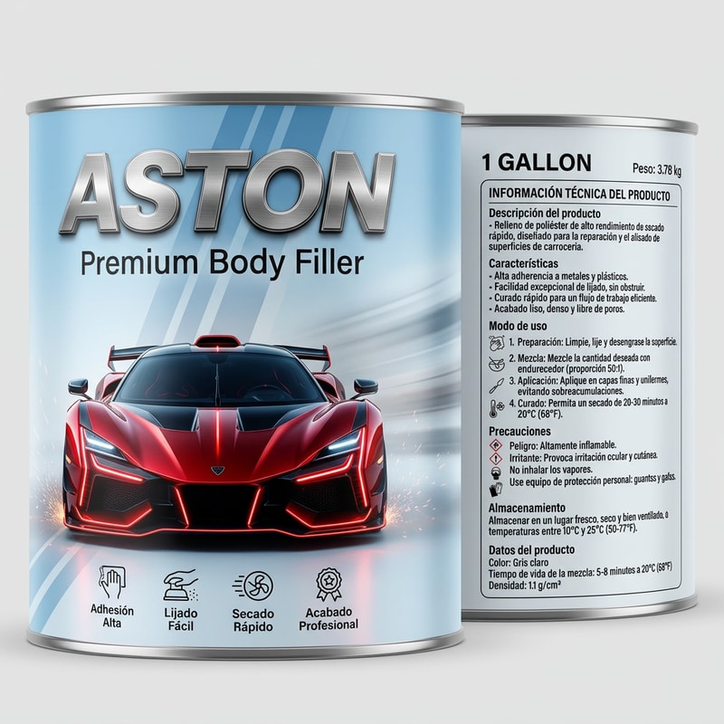 full wrap label design for 1 gallon automotive body filler can, premium racing style similar to high performance automotive packaging, front left side with big bold metallic text "ASTON", below it small clean text "Premium Body Filler", futuristic hypercar in red and black with glowing red accents, aggressive design, glossy reflections, sparks and dynamic lighting, background light blue to white gradient, clean but high impact, subtle diagonal racing stripes

bottom front icons row: high adhesion, easy sanding, fast drying, professional finish, minimal white icons

center smooth transition with soft gradient and motion lines

right side back label with very light gray background, clean technical layout in Spanish, organized sections with clear typography:

"Descripción del producto"
"Características"
"Modo de uso"
"Precauciones"
"Almacenamiento"
"Datos del producto"

include small icons for safety and usage, professional industrial design, high readability, minimalistic

include weight text "Peso: 3.78 kg"

balanced composition, print-ready packaging design, ultra detailed, realistic lighting, 4k