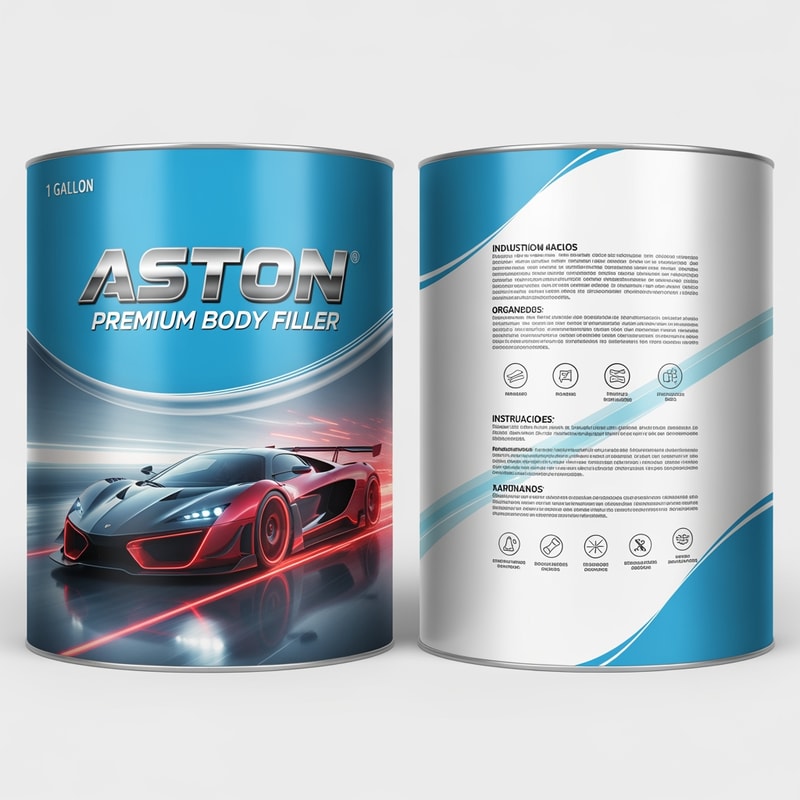 full wrap label design for 1 gallon automotive body filler can, premium racing style, front section with big bold metallic text "ASTON", small text "Premium Body Filler", futuristic hypercar in red and black with glowing red accents, aggressive design, glossy reflections, dynamic lighting, background light blue to white gradient, clean but energetic, subtle motion lines, modern automotive branding
middle transition smooth gradient with soft lines
back section clean technical layout, very light gray background, organized Spanish text blocks for product description, features, instructions, warnings, icons for sanding, drying, adhesion, professional layout, minimalistic industrial design, high readability
overall premium packaging design, balanced composition, print ready, ultra detailed, 4k