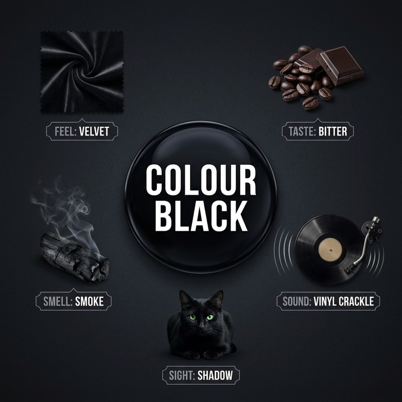 soo please make any 5 things related to colour black they should include Feel,taste,sound and smell andd please write the colour black in middle and other things around it