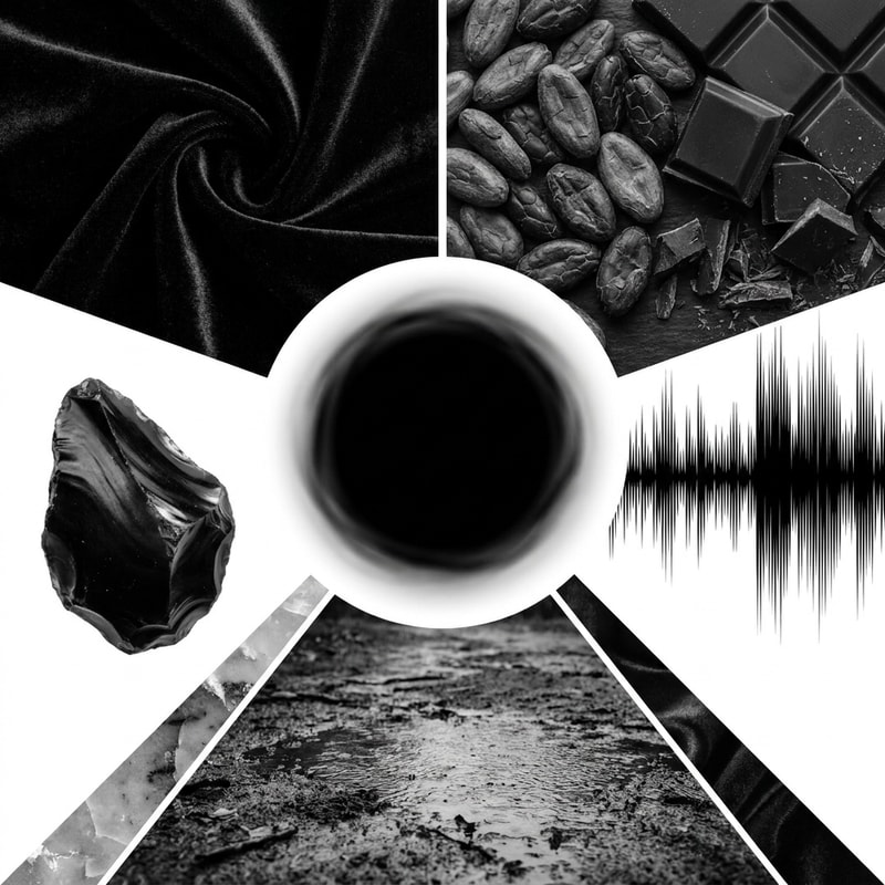 A conceptual artistic composition featuring a vibrant black circle at the center, surrounded by five distinct symbolic representations of the color black. Each segment evokes a sensory experience: a tactile velvet texture, a bitter dark cocoa flavor, a deep resonant bass soundwave, the earthy scent of petrichor, and a sleek obsidian mineral, all arranged in a balanced circular layout with a high-contrast aesthetic.