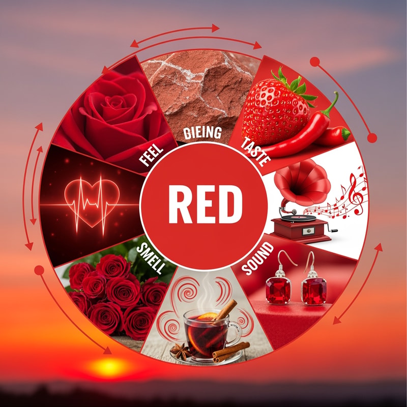 soo please make any 5 things related to colour red they should include Feel,taste,sound and smell,welll put a circle in the middle saying red and around that circle put images or text