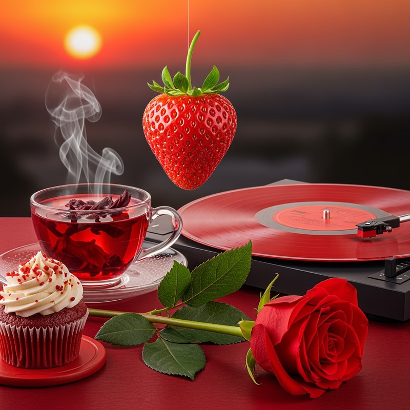 soo please make any 5 things related to colour red they should include Feel,taste,sound and smell