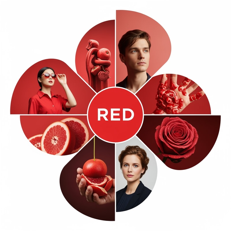 soo please make any 5 things related to colour red they should include Feel,taste,sound and smell,welll put a circle in the middle saying red and around that circle put images or text
