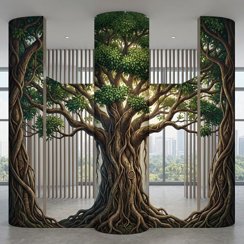 那你可不可以给我1.画一下这个柱子360度刚好左边右边可以接上的需要画的图片的平面图。seamless为企业办公楼五楼靠窗的定制大树，不仅仅是绿化，更是企业气运的图腾。你要的是“镇司之树”。 对风水（招财、稳定、贵人）和视觉（根茎粗壮、枝繁叶茂、参天大树）的双重需求，我将树种选择、风水象征、以及与特定空间（带竖墙分割的落地窗）结合的绘画方案。你看看使用梧桐，樟树黄葛树罗汉松梧桐榕树银杏中的一个哪个更适合这里的环境更好画，如果都差不多就用榕树或者罗汉松。哪个树种绘画效果更好就用哪个。然后这是一个企业文化严肃的企业。然后有几个方案你可以参考你的空间很有趣：一个主要的柱子 + 被竖墙分割的落地窗 + 窗外的其他企业与林木。这是一个绝佳的“借景”与“框景”机会。 1. 核心布局：让树“长”在柱子上，而非仅仅画在柱子上 处理方式：不要让树的图案平贴在柱子上，而是要创造出树干从柱子内部或与柱子融为一体的错觉。将柱子的四个面视为同一棵树的四面。 柱体正面（主树干）：画上树的主干，比如榕树那苍老虬结、充满力量感的主干，它的气根从上方垂下，有的已粗如儿臂，深深扎入柱子的“地面”。 柱体侧面 & 背面（透视与延续）：侧面和背面不是空白，而是画出粗壮的侧枝或另一条气根，环抱着柱子向后延伸。这样无论从办公室哪个角度看，这棵树都是立体的、鲜活的。 2. 巧妙处理“被分割的落地窗”：化缺陷为景深 几块竖墙将落地窗分割，这恰恰能创造多重空间感。 方案A：穿透空间的延伸（强烈推荐） 柱面为主：画的主干与主树冠在你所画的柱体正上方和两侧，形成第一层“华盖”。 竖墙为桥：将一根粗壮的枝干，大胆地从柱子上画出，并跨越柱子和窗户之间的物理空隙，直接蔓延到那几面竖墙上。 视觉效果：这根枝干仿佛从树的主体探出，伸向了落地窗。看画的人会产生错觉：这棵大树像《阿凡达》里的灵魂树一样，枝桠在整个空间中延伸，打破了室内外的界限，树冠仿佛笼罩着整个办公区。 方案B：框景与借景（更内敛雅致） 柱面与竖墙：将柱子和周围的竖墙作为前景，画上罗汉松或银杏的几枝造型优美的枝干与叶片，形成自然画框。 借窗外之景：窗外的其他建筑和树木是远景。你的“画框”将远景纳入，窗外的树是你的中景，而画在柱子和墙上的树枝是前景。这便构成了一幅“三重景深”的立体画，寓意企业胸怀广阔，纳天地之气。 第三部分：绘画细节技巧，让树“活”起来且“旺”起来 表现“根茎粗壮”： 银杏/樟树：强调主干露出地面的板根，像巨爪一样抓住地面。 榕树/黄葛树：表现气根和板根交错缠绕，创造出一种难以撼动的力量感。色彩上用深褐色、熟赭，强调肌理的沧桑和厚重。 表现“枝繁叶茂”： 运用“分层积墨”法：以深浅不一的绿色（从墨绿到嫩绿）层层点染，画出树冠的体积感和光影。亮部用偏暖的黄绿，象征财富与阳光；暗部用蓝绿，显得深邃稳重。 处理窗户分割处：跨越竖墙的枝干，其叶片可以画得稍微少一些，但枝条的线条要苍劲有力，如同书法，将视觉引导向窗外的光明，寓意“探出困境，开枝散叶”。 增加“气运”细节（点睛之笔）： 果实与嫩芽：在茂密的绿叶中，点缀一些不易察觉但象征丰收的细小果实（如罗汉松的红色罗汉果，或银杏果）。同时，枝头多画一些鹅黄色的嫩芽，代表源源不断的创新与生机。 隐藏的神兽与符号：在粗壮的树干肌理中，可以极其隐晦地融入瑞兽的形态。比如，一块树皮的纹理形似一只向上攀爬的“貔貅”，或者一根枝干的弯曲形态暗合“龙形”。这不是直白的画像，而是似像非像的巧合，让懂得的人会心一笑，增添神秘的力量感。 总结方案建议： 首选罗汉松或龙血树（形态稳如磐石，守住根基），次选梧桐（高耸入云，引入贵人）。 绘画时，以柱子为主干核心区，画出其如罗汉坐禅般沉稳或如巨龙腾空般有力的主干。将几面竖墙想象成树干的延伸或环绕的祥云，用苍劲的松枝或梧桐叶脉作为线条，将分割的空间串联起来。整个画面形成 ：“坚实的核心（柱子） + 延伸的气场（竖墙画） + 开阔的未来（落地窗外景）”，营造出“守得住财富，引得进贵人，看得见前景”的绝佳风水意涵。塑造“力拔山河”的树干：根部要像龙爪般盘旋抓地，向上逐渐变细，并在受光面用亮色（如赭石色加白）强调，在背光面用深褐色凹显立体感。关键技巧是用深色调子快速沿垂直方向轻扫制造树皮纵向纹理，让“粗壮感”瞬间呈现。 营造“遮天蔽日”的树冠：形状用整体轮廓概括后再细化，亮部留白；暗部加深增强层次感。关键技法是用小号画笔或海绵点彩，避免画得过满，适当露出一点背景，让厚重的树冠也显得通透而有呼吸感。 光线与氛围：由于是大落地窗，强烈建议按窗外自然光方向设计光影，画上“投影”能让大树与整个空间融为一体，视觉上更显宏伟。 墙绘风水“点气”：在画完前，于树干与地面接触的“根”部或“树洞”处，用特鲜艳的红色点上几笔（如树叶或藤蔓上的果实），按民间风水说法，有聚气、引动生机的作用，能让整个画“活”起来。 💡 场地环境适配小TIPS 你描述的环境（高楼、靠窗、窗外有树）有两大好处。首先，天然的景色就是最好的背景板，远处建筑的“虚”更能衬托出你画中大树的“实”，可以尝试将窗外远处的树木颜色融入你的画中，制造内外延伸的关联感。其次，落地窗的光线能营造天然圣光效果，建议按光线方向设计光影，让树根扎根于室内、树冠延伸到窗外的天空，实现“无限延伸”的视觉错觉。要画的是榕树。