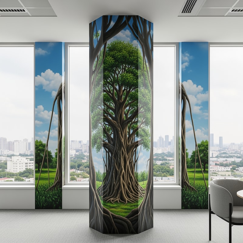 那你可不可以给我1.画一下这个柱子360度刚好可以接上的需要画的图片的平面图。但是天花板和地上不允许画。只能画柱子和后面的墙壁。为企业办公楼五楼靠窗的定制大树，不仅仅是绿化，更是企业气运的图腾。你要的是“镇司之树”。 对风水（招财、稳定、贵人）和视觉（根茎粗壮、枝繁叶茂、参天大树）的双重需求，我将树种选择、风水象征、以及与特定空间（带竖墙分割的落地窗）结合的绘画方案。你看看使用梧桐，樟树黄葛树罗汉松梧桐榕树银杏中的一个哪个更适合这里的环境更好画，如果都差不多就用榕树或者罗汉松。哪个树种绘画效果更好就用哪个。然后这是一个企业文化严肃的企业。然后有几个方案你可以参考你的空间很有趣：一个主要的柱子 + 被竖墙分割的落地窗 + 窗外的其他企业与林木。这是一个绝佳的“借景”与“框景”机会。 1. 核心布局：让树“长”在柱子上，而非仅仅画在柱子上 处理方式：不要让树的图案平贴在柱子上，而是要创造出树干从柱子内部或与柱子融为一体的错觉。将柱子的四个面视为同一棵树的四面。 柱体正面（主树干）：画上树的主干，比如榕树那苍老虬结、充满力量感的主干，它的气根从上方垂下，有的已粗如儿臂，深深扎入柱子的“地面”。 柱体侧面 & 背面（透视与延续）：侧面和背面不是空白，而是画出粗壮的侧枝或另一条气根，环抱着柱子向后延伸。这样无论从办公室哪个角度看，这棵树都是立体的、鲜活的。 2. 巧妙处理“被分割的落地窗”：化缺陷为景深 几块竖墙将落地窗分割，这恰恰能创造多重空间感。 方案A：穿透空间的延伸（强烈推荐） 柱面为主：画的主干与主树冠在你所画的柱体正上方和两侧，形成第一层“华盖”。 竖墙为桥：将一根粗壮的枝干，大胆地从柱子上画出，并跨越柱子和窗户之间的物理空隙，直接蔓延到那几面竖墙上。 视觉效果：这根枝干仿佛从树的主体探出，伸向了落地窗。看画的人会产生错觉：这棵大树像《阿凡达》里的灵魂树一样，枝桠在整个空间中延伸，打破了室内外的界限，树冠仿佛笼罩着整个办公区。 方案B：框景与借景（更内敛雅致） 柱面与竖墙：将柱子和周围的竖墙作为前景，画上罗汉松或银杏的几枝造型优美的枝干与叶片，形成自然画框。 借窗外之景：窗外的其他建筑和树木是远景。你的“画框”将远景纳入，窗外的树是你的中景，而画在柱子和墙上的树枝是前景。这便构成了一幅“三重景深”的立体画，寓意企业胸怀广阔，纳天地之气。 第三部分：绘画细节技巧，让树“活”起来且“旺”起来 表现“根茎粗壮”： 银杏/樟树：强调主干露出地面的板根，像巨爪一样抓住地面。 榕树/黄葛树：表现气根和板根交错缠绕，创造出一种难以撼动的力量感。色彩上用深褐色、熟赭，强调肌理的沧桑和厚重。 表现“枝繁叶茂”： 运用“分层积墨”法：以深浅不一的绿色（从墨绿到嫩绿）层层点染，画出树冠的体积感和光影。亮部用偏暖的黄绿，象征财富与阳光；暗部用蓝绿，显得深邃稳重。 处理窗户分割处：跨越竖墙的枝干，其叶片可以画得稍微少一些，但枝条的线条要苍劲有力，如同书法，将视觉引导向窗外的光明，寓意“探出困境，开枝散叶”。 增加“气运”细节（点睛之笔）： 果实与嫩芽：在茂密的绿叶中，点缀一些不易察觉但象征丰收的细小果实（如罗汉松的红色罗汉果，或银杏果）。同时，枝头多画一些鹅黄色的嫩芽，代表源源不断的创新与生机。 隐藏的神兽与符号：在粗壮的树干肌理中，可以极其隐晦地融入瑞兽的形态。比如，一块树皮的纹理形似一只向上攀爬的“貔貅”，或者一根枝干的弯曲形态暗合“龙形”。这不是直白的画像，而是似像非像的巧合，让懂得的人会心一笑，增添神秘的力量感。 总结方案建议： 首选罗汉松或龙血树（形态稳如磐石，守住根基），次选梧桐（高耸入云，引入贵人）。 绘画时，以柱子为主干核心区，画出其如罗汉坐禅般沉稳或如巨龙腾空般有力的主干。将几面竖墙想象成树干的延伸或环绕的祥云，用苍劲的松枝或梧桐叶脉作为线条，将分割的空间串联起来。整个画面形成 ：“坚实的核心（柱子） + 延伸的气场（竖墙画） + 开阔的未来（落地窗外景）”，营造出“守得住财富，引得进贵人，看得见前景”的绝佳风水意涵。塑造“力拔山河”的树干：根部要像龙爪般盘旋抓地，向上逐渐变细，并在受光面用亮色（如赭石色加白）强调，在背光面用深褐色凹显立体感。关键技巧是用深色调子快速沿垂直方向轻扫制造树皮纵向纹理，让“粗壮感”瞬间呈现。 营造“遮天蔽日”的树冠：形状用整体轮廓概括后再细化，亮部留白；暗部加深增强层次感。关键技法是用小号画笔或海绵点彩，避免画得过满，适当露出一点背景，让厚重的树冠也显得通透而有呼吸感。 光线与氛围：由于是大落地窗，强烈建议按窗外自然光方向设计光影，画上“投影”能让大树与整个空间融为一体，视觉上更显宏伟。 墙绘风水“点气”：在画完前，于树干与地面接触的“根”部或“树洞”处，用特鲜艳的红色点上几笔（如树叶或藤蔓上的果实），按民间风水说法，有聚气、引动生机的作用，能让整个画“活”起来。 💡 场地环境适配小TIPS 你描述的环境（高楼、靠窗、窗外有树）有两大好处。首先，天然的景色就是最好的背景板，远处建筑的“虚”更能衬托出你画中大树的“实”，可以尝试将窗外远处的树木颜色融入你的画中，制造内外延伸的关联感。其次，落地窗的光线能营造天然圣光效果，建议按光线方向设计光影，让树根扎根于室内、树冠延伸到窗外的天空，实现“无限延伸”的视觉错觉。