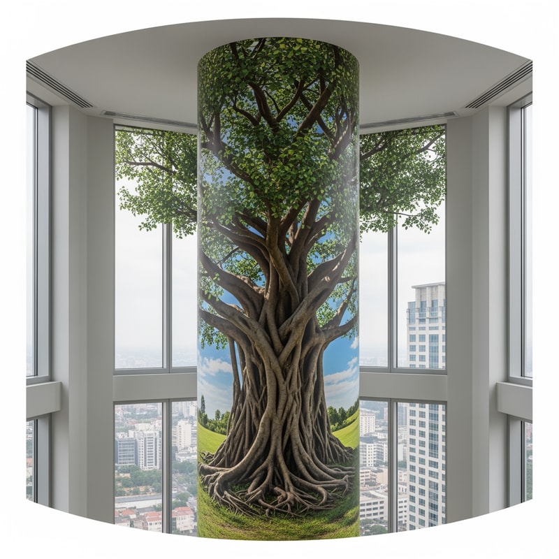 那你可不可以给我1.画一下这个柱子360度刚好可以接上的需要画的图片的平面图。但是天花板和地上不允许画。只能画柱子和后面的墙壁。为企业办公楼五楼靠窗的定制大树，不仅仅是绿化，更是企业气运的图腾。你要的是“镇司之树”。 对风水（招财、稳定、贵人）和视觉（根茎粗壮、枝繁叶茂、参天大树）的双重需求，我将树种选择、风水象征、以及与特定空间（带竖墙分割的落地窗）结合的绘画方案。你看看使用梧桐，樟树黄葛树罗汉松梧桐榕树银杏中的一个哪个更适合这里的环境更好画，如果都差不多就用榕树或者罗汉松。哪个树种绘画效果更好就用哪个。然后这是一个企业文化严肃的企业。然后有几个方案你可以参考你的空间很有趣：一个主要的柱子 + 被竖墙分割的落地窗 + 窗外的其他企业与林木。这是一个绝佳的“借景”与“框景”机会。 1. 核心布局：让树“长”在柱子上，而非仅仅画在柱子上 处理方式：不要让树的图案平贴在柱子上，而是要创造出树干从柱子内部或与柱子融为一体的错觉。将柱子的四个面视为同一棵树的四面。 柱体正面（主树干）：画上树的主干，比如榕树那苍老虬结、充满力量感的主干，它的气根从上方垂下，有的已粗如儿臂，深深扎入柱子的“地面”。 柱体侧面 & 背面（透视与延续）：侧面和背面不是空白，而是画出粗壮的侧枝或另一条气根，环抱着柱子向后延伸。这样无论从办公室哪个角度看，这棵树都是立体的、鲜活的。 2. 巧妙处理“被分割的落地窗”：化缺陷为景深 几块竖墙将落地窗分割，这恰恰能创造多重空间感。 方案A：穿透空间的延伸（强烈推荐） 柱面为主：画的主干与主树冠在你所画的柱体正上方和两侧，形成第一层“华盖”。 竖墙为桥：将一根粗壮的枝干，大胆地从柱子上画出，并跨越柱子和窗户之间的物理空隙，直接蔓延到那几面竖墙上。 视觉效果：这根枝干仿佛从树的主体探出，伸向了落地窗。看画的人会产生错觉：这棵大树像《阿凡达》里的灵魂树一样，枝桠在整个空间中延伸，打破了室内外的界限，树冠仿佛笼罩着整个办公区。 方案B：框景与借景（更内敛雅致） 柱面与竖墙：将柱子和周围的竖墙作为前景，画上罗汉松或银杏的几枝造型优美的枝干与叶片，形成自然画框。 借窗外之景：窗外的其他建筑和树木是远景。你的“画框”将远景纳入，窗外的树是你的中景，而画在柱子和墙上的树枝是前景。这便构成了一幅“三重景深”的立体画，寓意企业胸怀广阔，纳天地之气。 第三部分：绘画细节技巧，让树“活”起来且“旺”起来 表现“根茎粗壮”： 银杏/樟树：强调主干露出地面的板根，像巨爪一样抓住地面。 榕树/黄葛树：表现气根和板根交错缠绕，创造出一种难以撼动的力量感。色彩上用深褐色、熟赭，强调肌理的沧桑和厚重。 表现“枝繁叶茂”： 运用“分层积墨”法：以深浅不一的绿色（从墨绿到嫩绿）层层点染，画出树冠的体积感和光影。亮部用偏暖的黄绿，象征财富与阳光；暗部用蓝绿，显得深邃稳重。 处理窗户分割处：跨越竖墙的枝干，其叶片可以画得稍微少一些，但枝条的线条要苍劲有力，如同书法，将视觉引导向窗外的光明，寓意“探出困境，开枝散叶”。 增加“气运”细节（点睛之笔）： 果实与嫩芽：在茂密的绿叶中，点缀一些不易察觉但象征丰收的细小果实（如罗汉松的红色罗汉果，或银杏果）。同时，枝头多画一些鹅黄色的嫩芽，代表源源不断的创新与生机。 隐藏的神兽与符号：在粗壮的树干肌理中，可以极其隐晦地融入瑞兽的形态。比如，一块树皮的纹理形似一只向上攀爬的“貔貅”，或者一根枝干的弯曲形态暗合“龙形”。这不是直白的画像，而是似像非像的巧合，让懂得的人会心一笑，增添神秘的力量感。 总结方案建议： 首选罗汉松或龙血树（形态稳如磐石，守住根基），次选梧桐（高耸入云，引入贵人）。 绘画时，以柱子为主干核心区，画出其如罗汉坐禅般沉稳或如巨龙腾空般有力的主干。将几面竖墙想象成树干的延伸或环绕的祥云，用苍劲的松枝或梧桐叶脉作为线条，将分割的空间串联起来。整个画面形成 ：“坚实的核心（柱子） + 延伸的气场（竖墙画） + 开阔的未来（落地窗外景）”，营造出“守得住财富，引得进贵人，看得见前景”的绝佳风水意涵。塑造“力拔山河”的树干：根部要像龙爪般盘旋抓地，向上逐渐变细，并在受光面用亮色（如赭石色加白）强调，在背光面用深褐色凹显立体感。关键技巧是用深色调子快速沿垂直方向轻扫制造树皮纵向纹理，让“粗壮感”瞬间呈现。 营造“遮天蔽日”的树冠：形状用整体轮廓概括后再细化，亮部留白；暗部加深增强层次感。关键技法是用小号画笔或海绵点彩，避免画得过满，适当露出一点背景，让厚重的树冠也显得通透而有呼吸感。 光线与氛围：由于是大落地窗，强烈建议按窗外自然光方向设计光影，画上“投影”能让大树与整个空间融为一体，视觉上更显宏伟。 墙绘风水“点气”：在画完前，于树干与地面接触的“根”部或“树洞”处，用特鲜艳的红色点上几笔（如树叶或藤蔓上的果实），按民间风水说法，有聚气、引动生机的作用，能让整个画“活”起来。 💡 场地环境适配小TIPS 你描述的环境（高楼、靠窗、窗外有树）有两大好处。首先，天然的景色就是最好的背景板，远处建筑的“虚”更能衬托出你画中大树的“实”，可以尝试将窗外远处的树木颜色融入你的画中，制造内外延伸的关联感。其次，落地窗的光线能营造天然圣光效果，建议按光线方向设计光影，让树根扎根于室内、树冠延伸到窗外的天空，实现“无限延伸”的视觉错觉。
