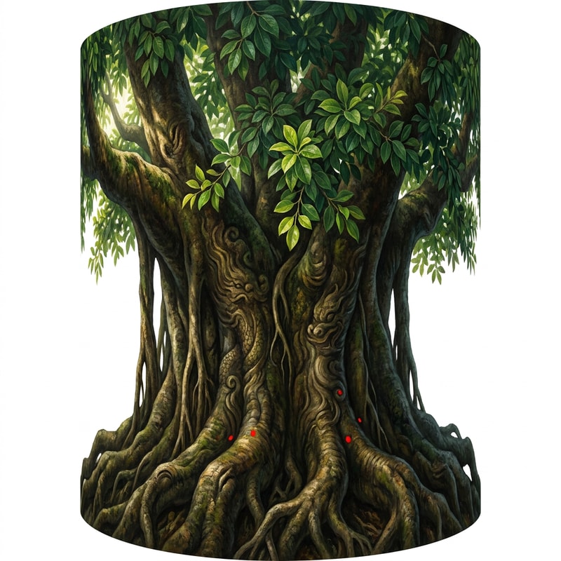 画一个柱子360度的设计图，请生成一张圆柱体无缝展开贴图（cylindrical seamless texture / equirectangular unwrap），用于印刷后包裹一根直径1.2米、高3米的立柱。画布比例严格3.77:3，横向3800像素，纵向3000像素，左右边缘必须能完全无缝水平平铺，树干纹理在左右边界自然衔接，绕柱一圈后完整不断裂最左边和最右边能够接上.seamless。企业办公楼五楼靠窗的榕树大树，不仅仅是绿化，更是企业气运的图腾。你要的是“镇司之树”。 对风水（招财、稳定、贵人）和视觉（根茎粗壮、枝繁叶茂、参天大树）的双重需求，我将树种选择、风水象征、以及与特定空间（带竖墙分割的落地窗）结合的绘画方案。你看看使用梧桐，樟树黄葛树罗汉松梧桐榕树银杏中的一个哪个更适合这里的环境更好画，如果都差不多就用榕树或者罗汉松。哪个树种绘画效果更好就用哪个。然后这是一个企业文化严肃的企业。然后有几个方案你可以参考你的空间很有趣：一个主要的柱子 + 被竖墙分割的落地窗 + 窗外的其他企业与林木。这是一个绝佳的“借景”与“框景”机会。 1. 核心布局：让树“长”在柱子上，而非仅仅画在柱子上 处理方式：不要让树的图案平贴在柱子上，而是要创造出树干从柱子内部或与柱子融为一体的错觉。将柱子的四个面视为同一棵树的四面。 柱体正面（主树干）：画上树的主干，比如榕树那苍老虬结、充满力量感的主干，它的气根从上方垂下，有的已粗如儿臂，深深扎入柱子的“地面”。 柱体侧面 & 背面（透视与延续）：侧面和背面不是空白，而是画出粗壮的侧枝或另一条气根，环抱着柱子向后延伸。这样无论从办公室哪个角度看，这棵树都是立体的、鲜活的。 2. 巧妙处理“被分割的落地窗”：化缺陷为景深 几块竖墙将落地窗分割，这恰恰能创造多重空间感。 方案A：穿透空间的延伸（强烈推荐） 柱面为主：画的主干与主树冠在你所画的柱体正上方和两侧，形成第一层“华盖”。 竖墙为桥：将一根粗壮的枝干，大胆地从柱子上画出，并跨越柱子和窗户之间的物理空隙，直接蔓延到那几面竖墙上。 视觉效果：这根枝干仿佛从树的主体探出，伸向了落地窗。 方案B：框景与借景（更内敛雅致） 柱面与竖墙：将柱子和周围的竖墙作为前景，画上罗汉松或银杏的几枝造型优美的枝干与叶片，形成自然画框。 借窗外之景：窗外的其他建筑和树木是远景。你的“画框”将远景纳入，窗外的树是你的中景，而画在柱子和墙上的树枝是前景。这便构成了一幅“三重景深”的立体画，寓意企业胸怀广阔，纳天地之气。 第三部分：绘画细节技巧，让树“活”起来且“旺”起来 表现“根茎粗壮”： 银杏/樟树：强调主干露出地面的板根，像巨爪一样抓住地面。 榕树/黄葛树：表现气根和板根交错缠绕，创造出一种难以撼动的力量感。色彩上用深褐色、熟赭，强调肌理的沧桑和厚重。 表现“枝繁叶茂”： 运用“分层积墨”法：以深浅不一的绿色（从墨绿到嫩绿）层层点染，画出树冠的体积感和光影。亮部用偏暖的黄绿，象征财富与阳光；暗部用蓝绿，显得深邃稳重。 处理窗户分割处：跨越竖墙的枝干，其叶片可以画得稍微少一些，但枝条的线条要苍劲有力，如同书法，将视觉引导向窗外的光明，寓意“探出困境，开枝散叶”。 增加“气运”细节（点睛之笔）： 果实与嫩芽：在茂密的绿叶中，点缀一些不易察觉但象征丰收的细小果实（如罗汉松的红色罗汉果，或银杏果）。同时，枝头多画一些鹅黄色的嫩芽，代表源源不断的创新与生机。 隐藏的神兽与符号：在粗壮的树干肌理中，可以极其隐晦地融入瑞兽的形态。比如，一块树皮的纹理形似一只向上攀爬的“貔貅”，或者一根枝干的弯曲形态暗合“龙形”。这不是直白的画像，而是似像非像的巧合，让懂得的人会心一笑，增添神秘的力量感。 总结方案建议： 首选罗汉松或龙血树（形态稳如磐石，守住根基），次选梧桐（高耸入云，引入贵人）。 绘画时，以柱子为主干核心区，画出其如罗汉坐禅般沉稳或如巨龙腾空般有力的主干。将几面竖墙想象成树干的延伸或环绕的祥云，用苍劲的松枝或梧桐叶脉作为线条，将分割的空间串联起来。整个画面形成 ：“坚实的核心（柱子） + 延伸的气场（竖墙画） + 开阔的未来（落地窗外景）”，营造出“守得住财富，引得进贵人，看得见前景”的绝佳风水意涵。塑造“力拔山河”的树干：根部要像龙爪般盘旋抓地，向上逐渐变细，并在受光面用亮色（如赭石色加白）强调，在背光面用深褐色凹显立体感。关键技巧是用深色调子快速沿垂直方向轻扫制造树皮纵向纹理，让“粗壮感”瞬间呈现。 营造“遮天蔽日”的树冠：形状用整体轮廓概括后再细化，亮部留白；暗部加深增强层次感。关键技法是用小号画笔或海绵点彩，避免画得过满，适当露出一点背景，让厚重的树冠也显得通透而有呼吸感。 光线与氛围：由于是大落地窗，强烈建议按窗外自然光方向设计光影，画上“投影”能让大树与整个空间融为一体，视觉上更显宏伟。 墙绘风水“点气”：在画完前，于树干与地面接触的“根”部或“树洞”处，用特鲜艳的红色点上几笔（如树叶或藤蔓上的果实），按民间风水说法，有聚气、引动生机的作用，能让整个画“活”起来。 💡 场地环境适配小TIPS 你描述的环境（高楼、靠窗、窗外有树）有两大好处。首先，天然的景色就是最好的背景板，远处建筑的“虚”更能衬托出你画中大树的“实”，可以尝试将窗外远处的树木颜色融入你的画中，制造内外延伸的关联感。其次，落地窗的光线能营造天然圣光效果，建议按光线方向设计光影，让树根扎根于室内、树冠延伸到窗外的天空，实现“无限延伸”的视觉错觉。要画的是榕树。
