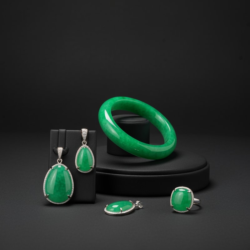 Jewelry design display for green jadeite  such as bangle , pendant, earrings and ring