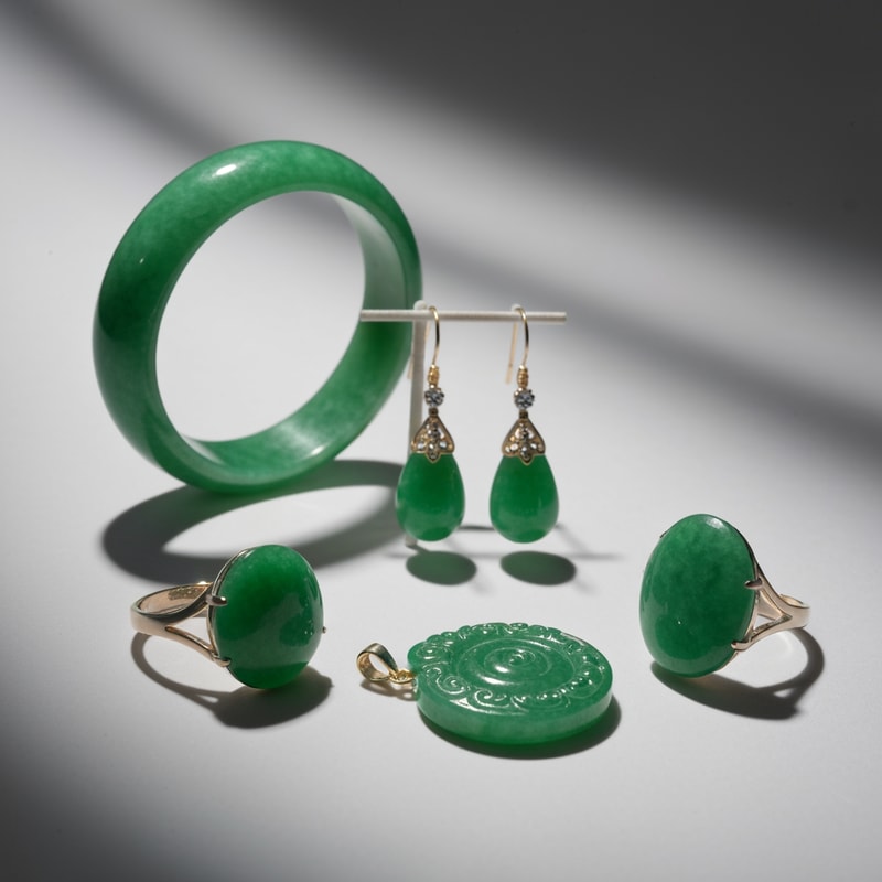 Jewelry design display for green jadeite  such as bangle , pendant, earrings and ring