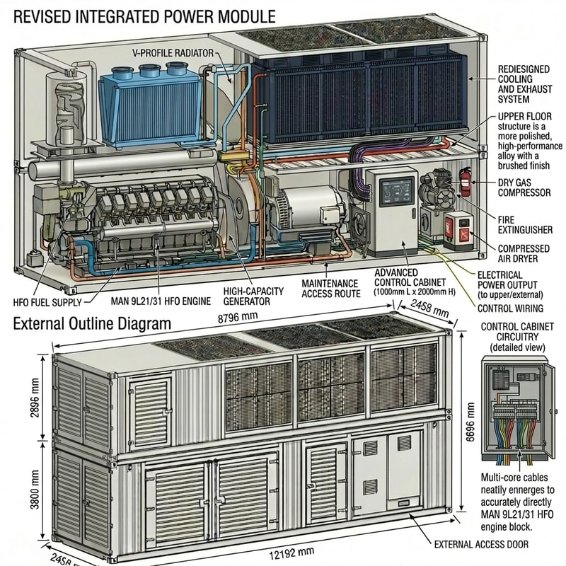 Please refer to this drawing and arrange the various water pipes, oil lines, and control cables inside the Revised Integrated Power Module more accurately and neatly according to the existing equipment. Ensure the control cabinet circuitry is accurately connected to the HFO Engine. The Maintenance Access Route requires a larger space; please design and label it.