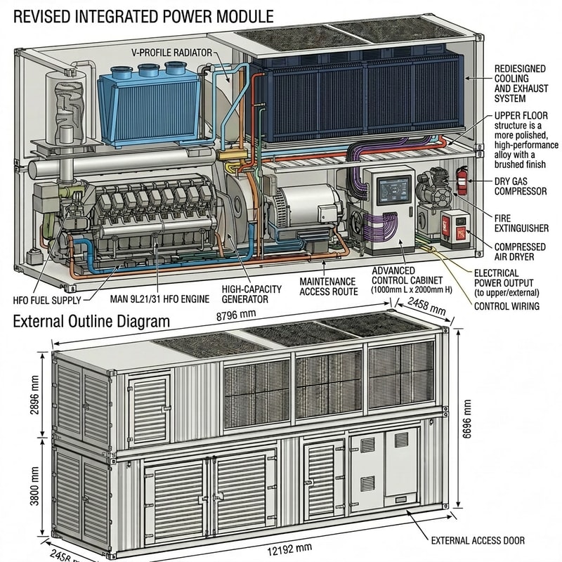 Please modify the layout of the structure in the Internal Layout Diagram, refining the design of the white muffler on the far left of the upper layer. This device needs to connect to the MAN 9L21/31 scheduler below via piping, referring to the actual layout of the MAN 9L21/31. The light blue radiator on the right should be designed with a V-shaped structure on the side, but retain its original shape when viewed from the front. The longer dark blue radiator behind also needs a more detailed redesign, but it is essential to maintain the original design position in the drawings and not change its placement. The upper container is 12192mm long, 2458mm wide, and 2896mm high. Based on this, create a more aesthetically pleasing redesign, and use different colors to label the water pipes and electrical circuits between the radiators and mufflers. The lower container is 12192mm long, 2458mm wide, and 3800mm high. On the far left is a MAN 9L21/31 heavy oil engine, and to its right is a generator. These two devices need to be together. Please design the aesthetically pleasing shape based on the actual equipment and select a suitable generator. The total dimensions of these two devices are 8796mm. Please leave some space to their right for a maintenance passage. To the right of the maintenance passage is a control cabinet 1000mm long and 2000mm high, equipped with a screen. To the right of the control cabinet is a dry gas compressor and fire-fighting equipment. The layout of electrical wiring, water pipes, and oil pipes also needs to be shown. Please refer to similar product layouts currently available worldwide and optimize them in detail to generate a more aesthetically pleasing design.