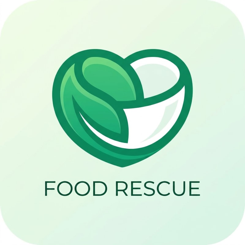 A modern, minimalist app logo icon representing food rescue and sustainability, featuring a stylized fusion of a fresh green leaf and a heart-shaped bowl. The design uses a clean, vector-style aesthetic with a vibrant color palette of emerald green and soft white, set against a subtle, clean background. Focus on balanced geometry, smooth curves, and professional flat design principles suitable for mobile interfaces. beautiful looks