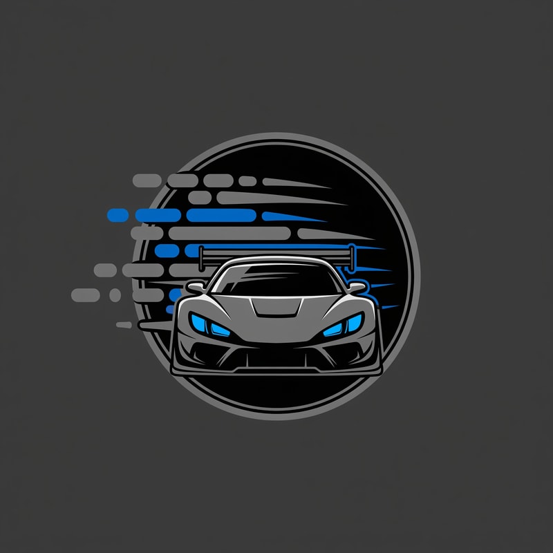 A circular gaming emblem featuring abstract motion lines and a sleek, stylized silhouette of a racing car front. Clean, modern aesthetic, minimalist design, monochromatic color scheme with one accent color. Flat design, symmetrical, isolated on a solid dark grey background, professional e-sports branding.