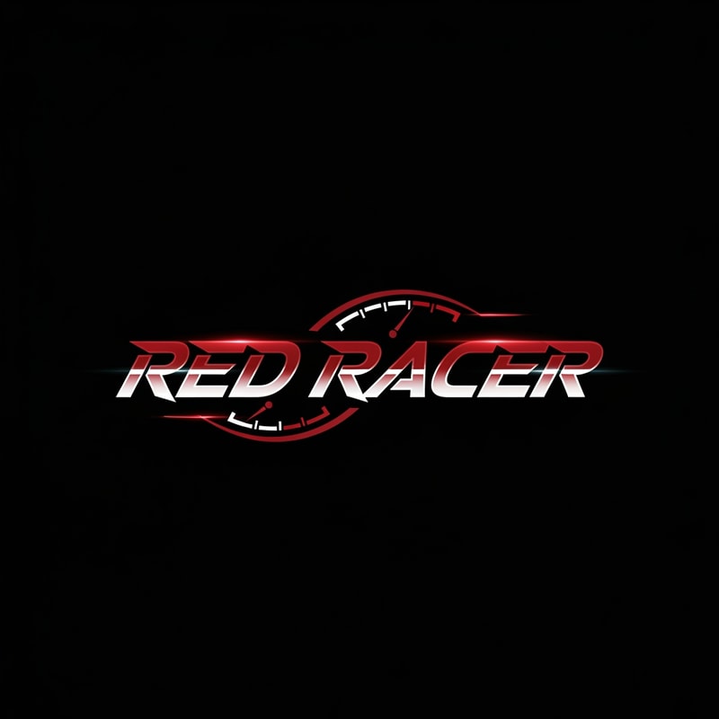 Modern cinematic racing logo for “RED RACER”, aggressive but clean typography, dark black background, deep red and white colour scheme, sleek motorsport aesthetic, subtle motion blur, sharp angular letters, minimalistic but powerful, inspired by professional racing teams and automotive brands, glossy metallic highlights, high contrast, speedometer/tachometer inspired details, premium esports-style composition, centered logo, ultra clean vector style, realistic lighting, YouTube gaming and car culture branding, high detail, 4K, no watermark, no extra text, no cartoon style