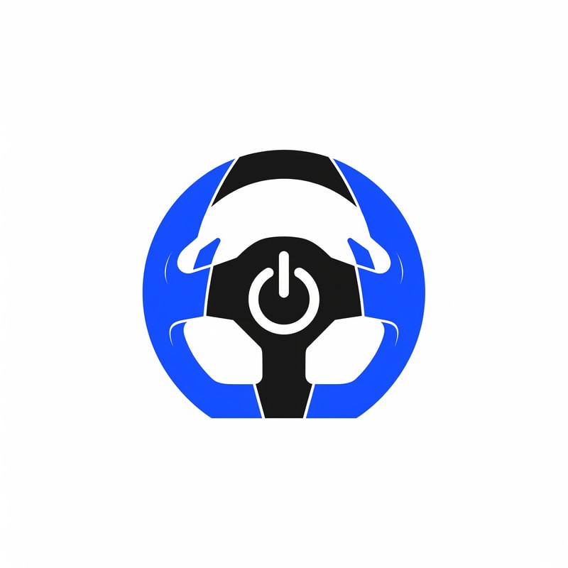 A modern, minimalist logo mark featuring a sleek geometric racing steering wheel integrated with a power button icon. Flat vector design, bold lines, solid vibrant electric blue and matte black color palette. Clean white background, centered composition, high-contrast, professional gaming aesthetic.