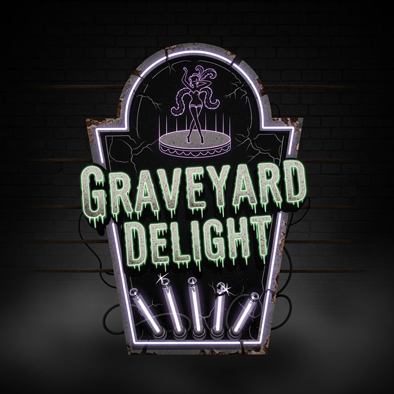 Vintage logo of strip club, the name is graveyard delight