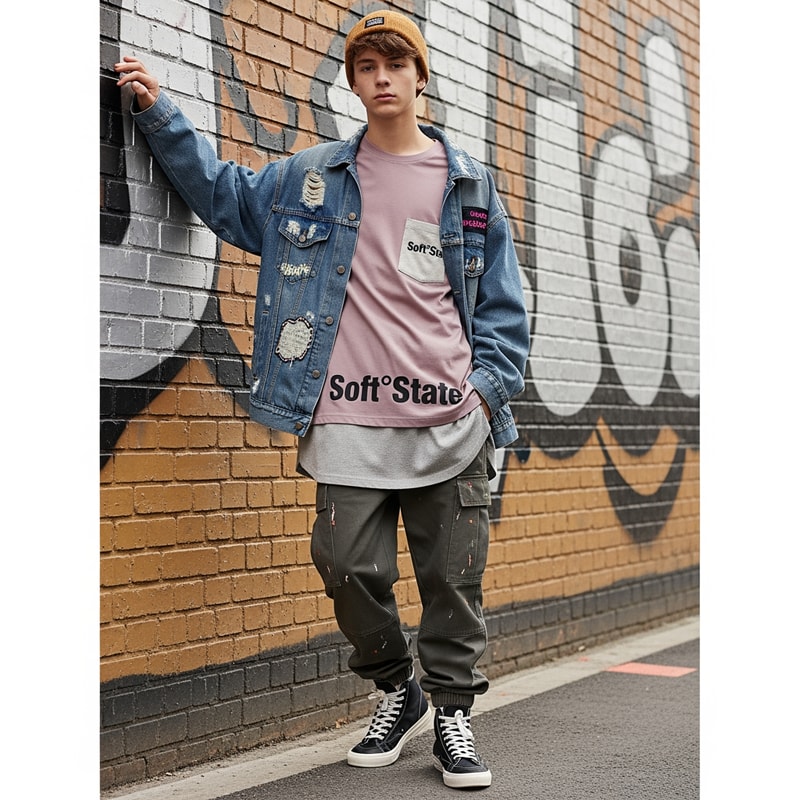 Créame un diseño de ropa de adolescente chico q ponga Soft°State y q no sea basica