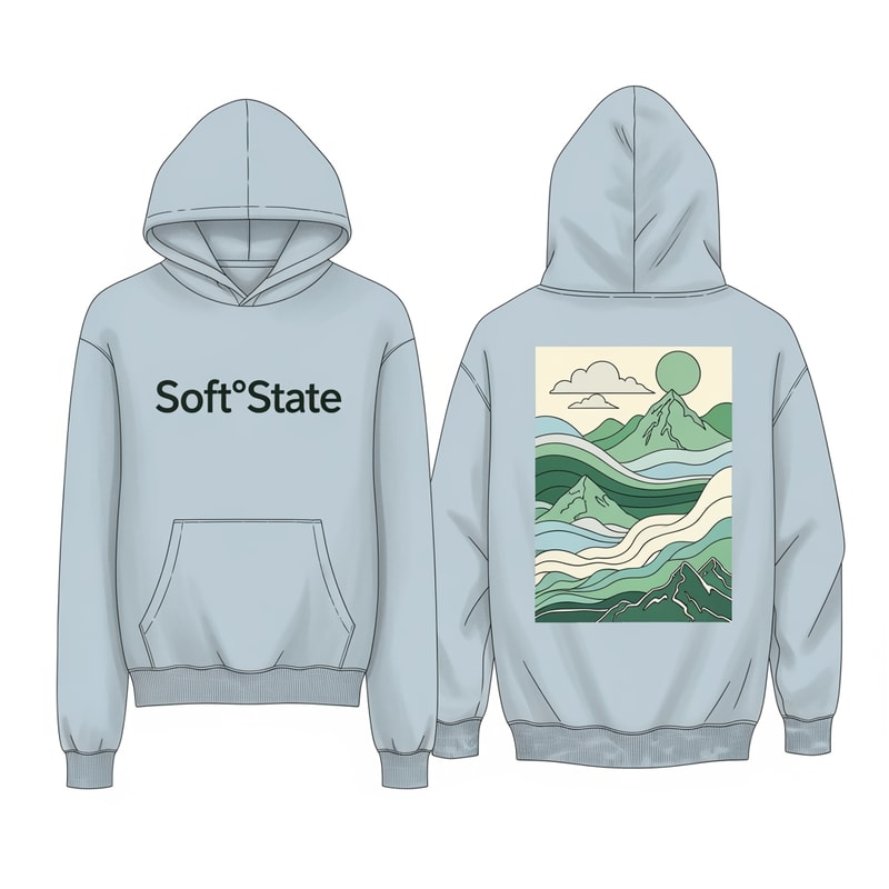 Créame un diseño de ropa de adolescente chico q ponga Soft°State y que sea una sudadera con un diseño guapo por detras