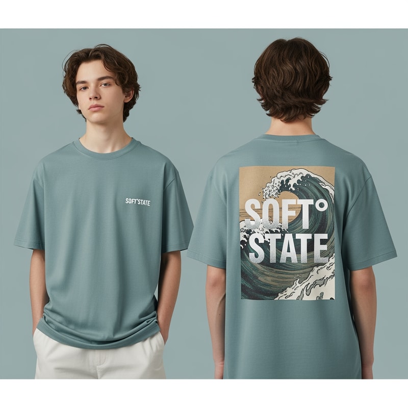 Créame un diseño de ropa de adolescente chico q ponga Soft°State y que sea una camiseta con un diseño guapo por detras