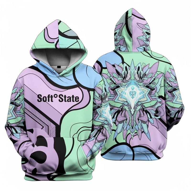 Créame un diseño de ropa de adolescente chico q ponga Soft°State y que sea una sudadera con un diseño guapo por detras