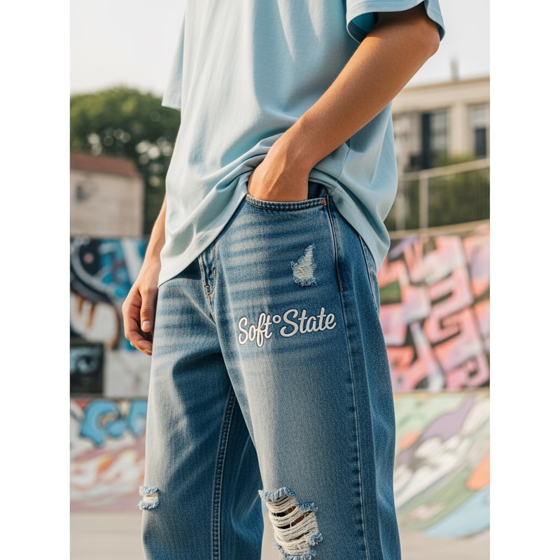 Créame un diseño de ropa de adolescente chico q ponga Soft°State y q sean pantalones baqueros