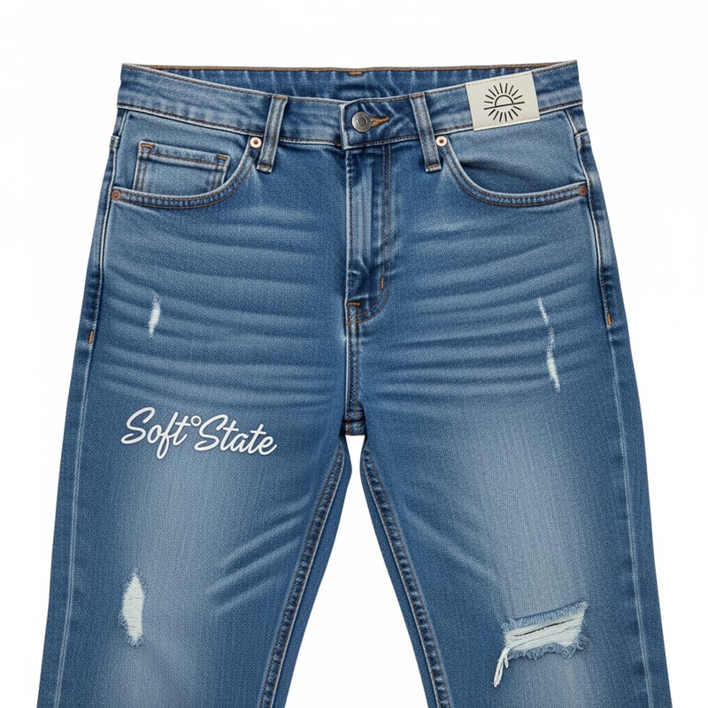 Créame un diseño de ropa de adolescente chico q ponga Soft°State y q sean pantalones baqueros