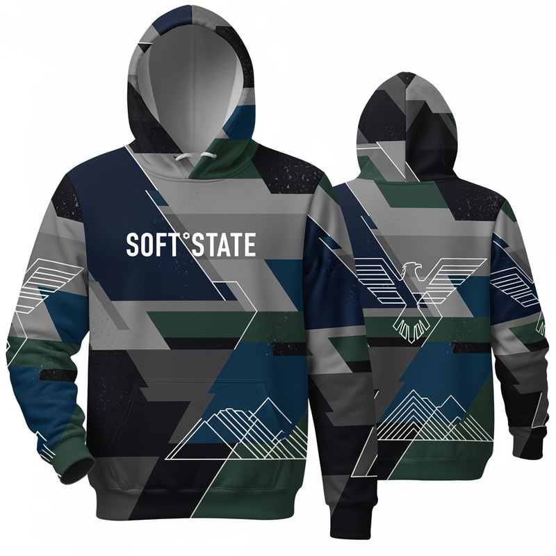 Créame un diseño de ropa de adolescente chico q ponga Soft°State y q sean sudaderas y q tenga por detrás un diseño bien chulo masculino y q no sea muy de niño