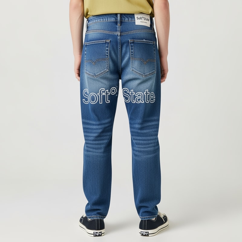 Créame un diseño de ropa de adolescente chico q ponga Soft°State y q sean pantalones baqueros
