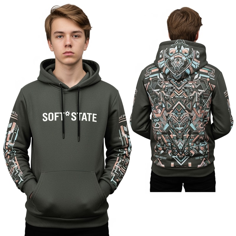 Créame un diseño de ropa de adolescente chico q ponga Soft°State y q sean sudaderas y q tenga por detrás un diseño bien chulo masculino y q no sea muy de niño