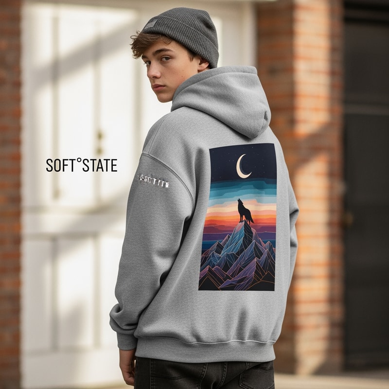 Créame un diseño de ropa de adolescente chico q ponga Soft°State y q sean sudaderas y q tenga por detrás un diseño bien chulo masculino
