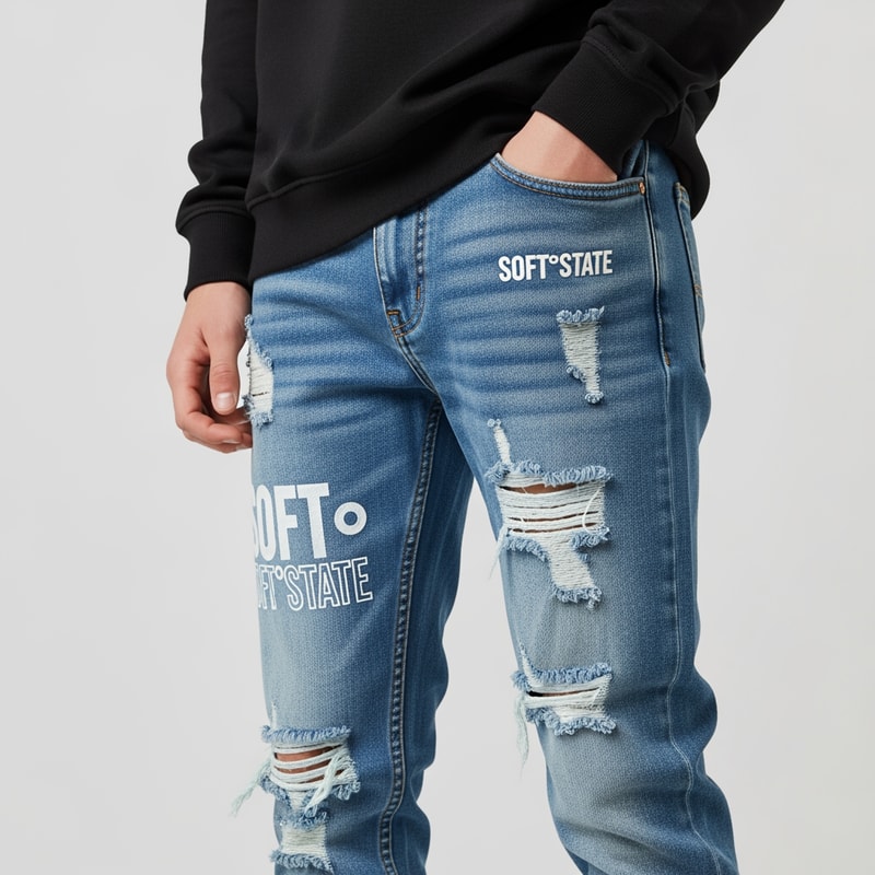 Créame un diseño de ropa de adolescente chico q ponga Soft°State y q sean pantalones baqueros