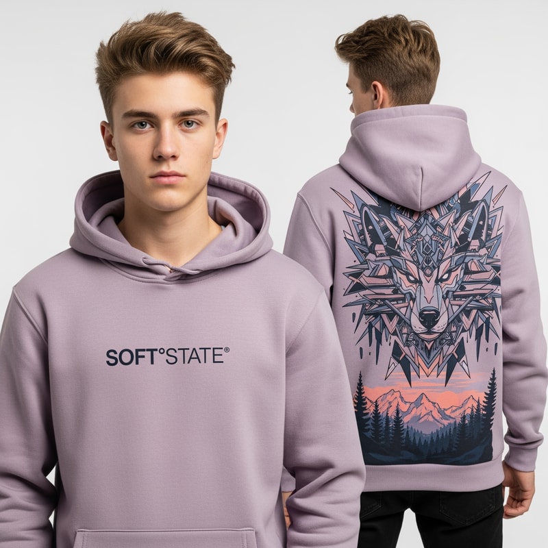 Créame un diseño de ropa de adolescente chico q ponga Soft°State y q sean sudaderas y q tenga por detrás un diseño bien chulo masculino y q no sea muy de niño