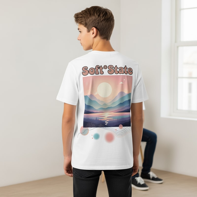 Créame un diseño de ropa de adolescente chico q ponga Soft°State y que sea una camiseta con un diseño guapo por detras